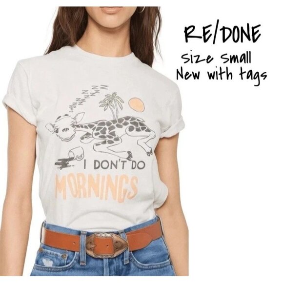 RE/DONE I Don't Do Mornings Graphic Tee Shirt Vintage Ivory Small New With Tag - Picture 1 of 5